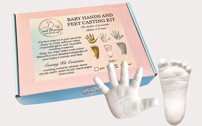 A packet of Baby Hand Casting Kit and the final product shown on the side. 