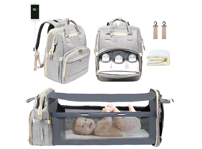 A multi-functional changing bag that can also be used as a makeshift changing crib capable of charging your mobile phone. 
