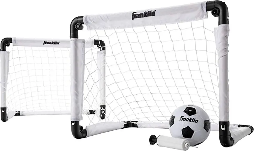 Mini soccer get comes with a foldable goal, a soccer ball, and an inflating pump