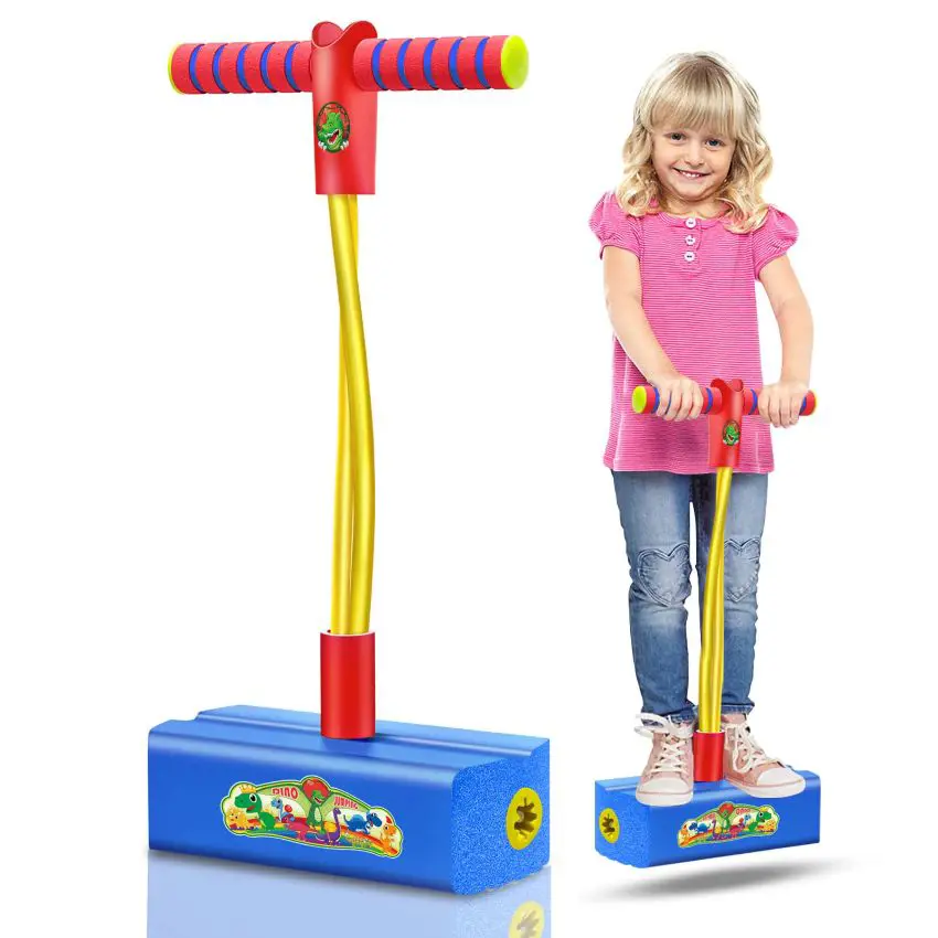 Young girl demonstrates how to use the Flybar Pogo stick