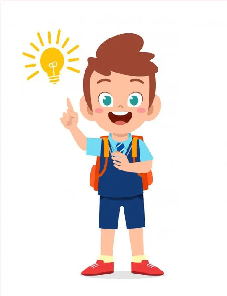 An animated picture showing a school going kid pointing at a lightbulb.