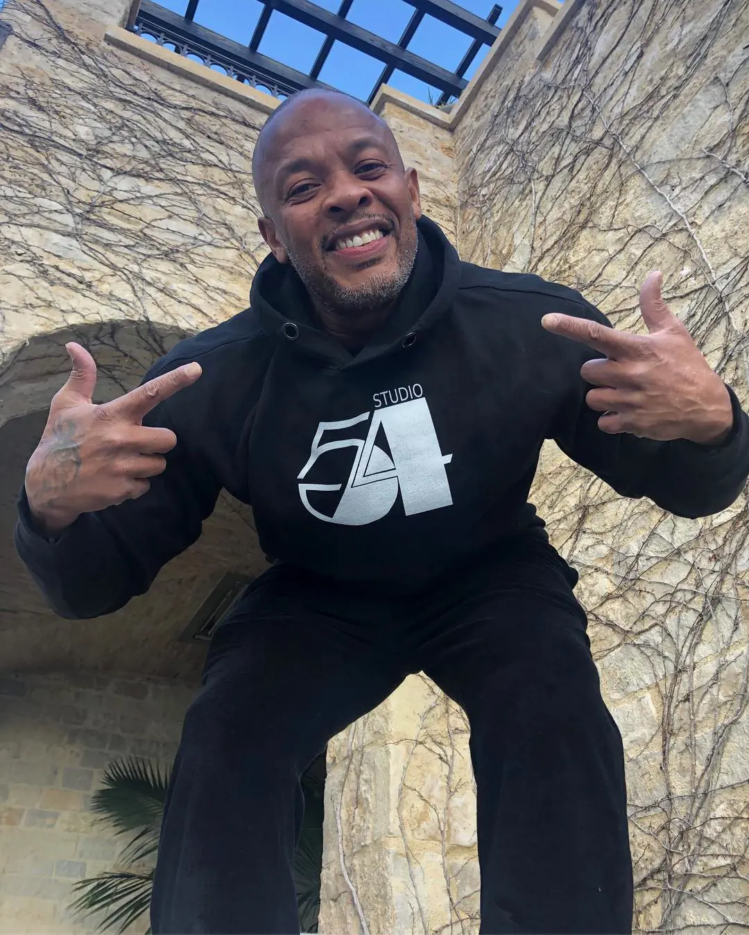 Rapper Dr. Dre wears black Studio 54 hoodie on his 54th birthday on February 18, 2019. 