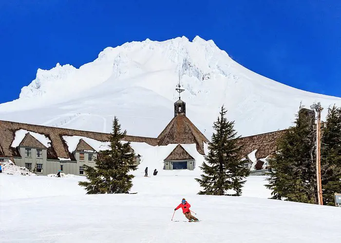 Front view of the Timberline Lodge pictured in 2023