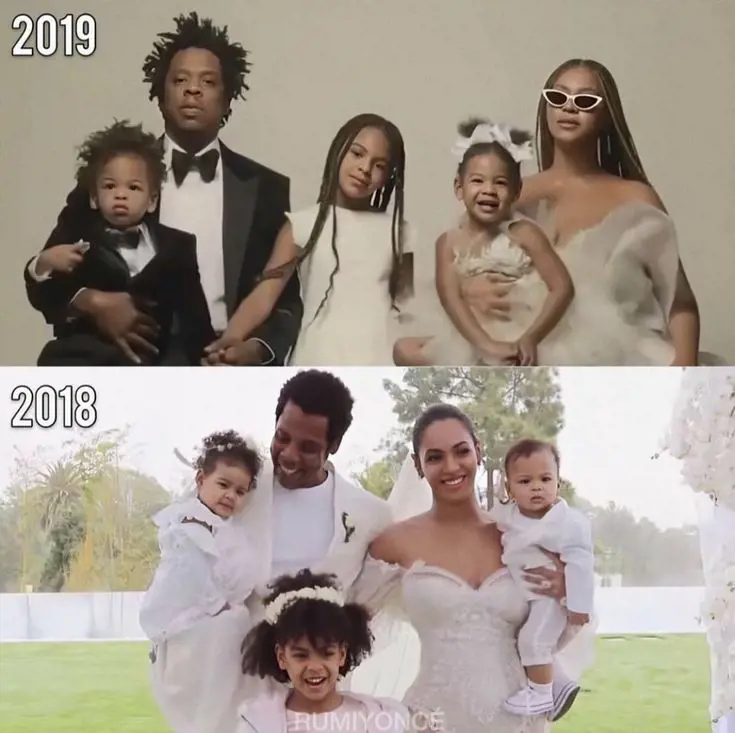 Shawn Corey Carter aka Jay-Z and his wife Beyonce with their kids in 2019 and 2020