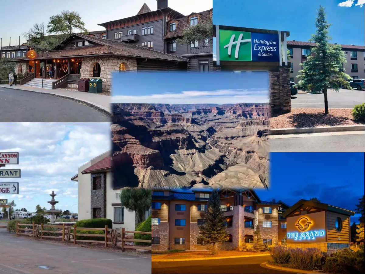 Photo collage of hotels and lodges in Grand Canyon near south rim