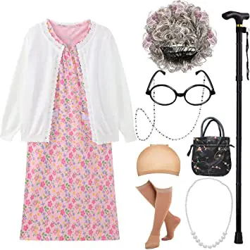 Granny costume package readily available for girls to wear on 100th day of school