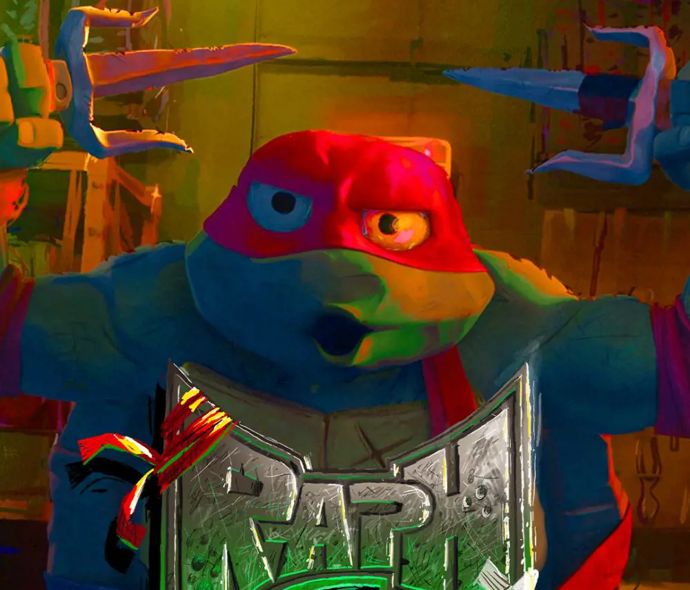 Raphael showcases angered expression in the poster of TMNT: Mutant Mayhem