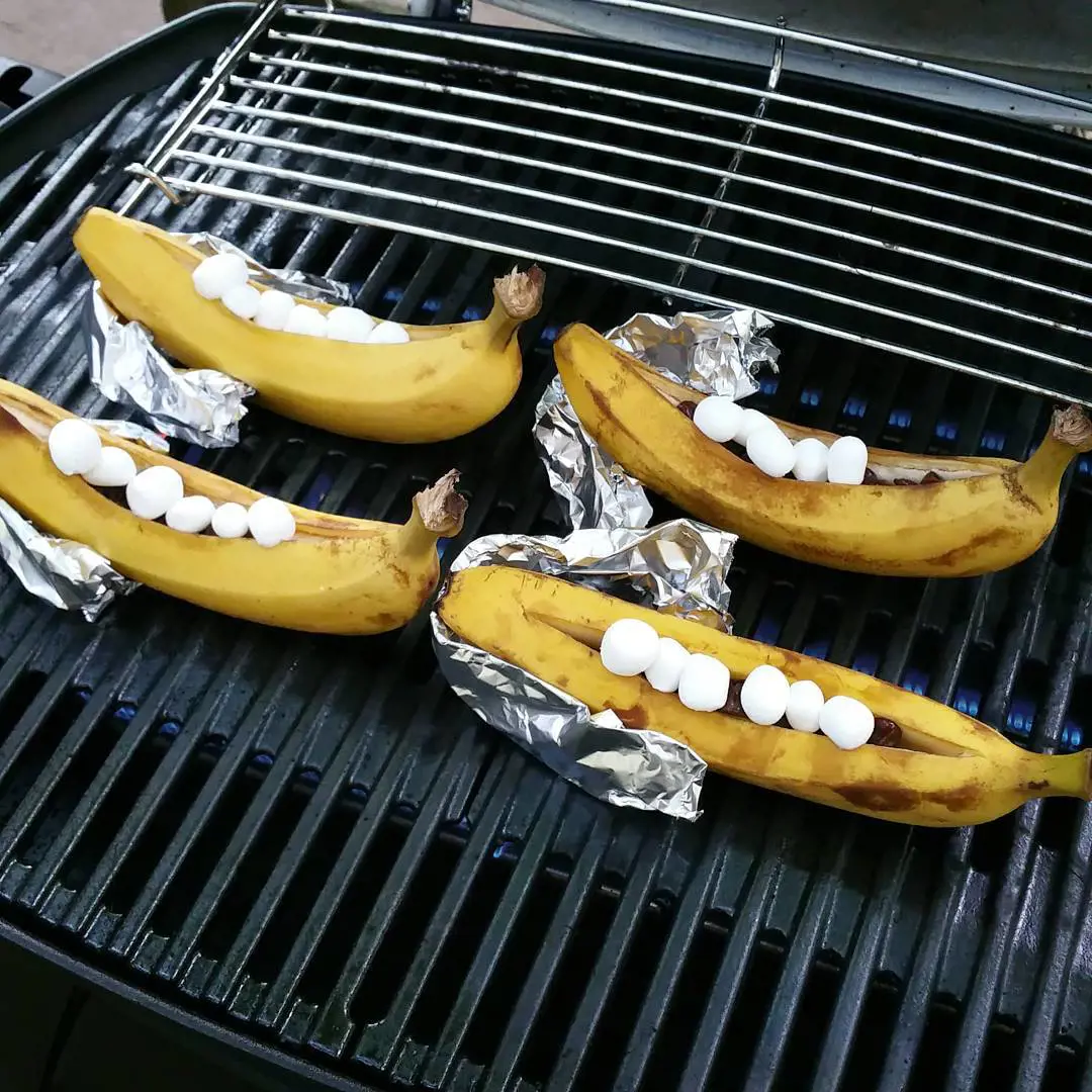Banana Canoe being prepared on a barbecue grill