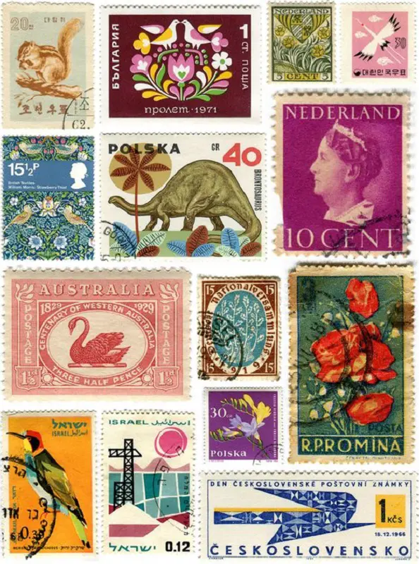 A collection of stamps showing postal stamps from all over the world.