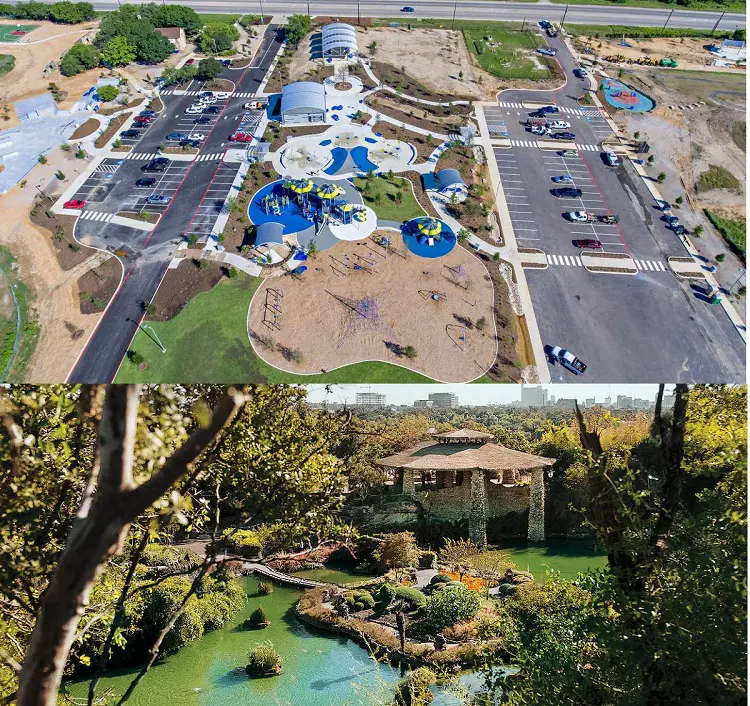 Bird's eye view of Pearsall Park (top) and lake and old Japanese tea house seen on Japanese Tea Garden. 