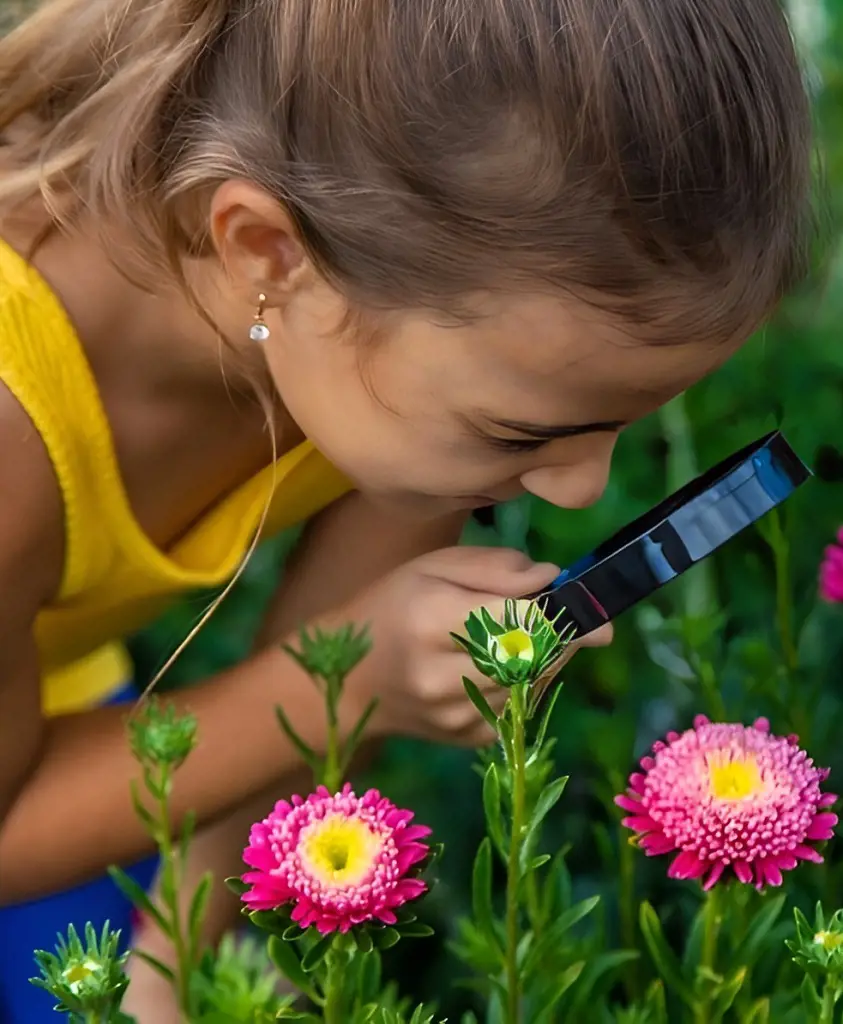 The child carefully observes the aster flower plants using a magnifying glass