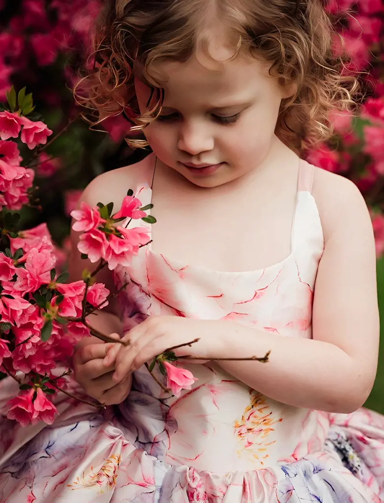A beautiful little girl delicately holds an Azalea flower in her hand admiring its beauty