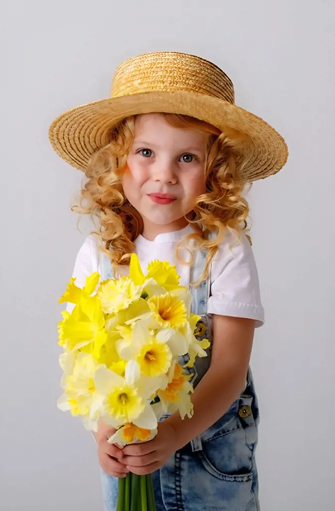 A sweet girl with curly hair and a straw hat capturing the essence of spring with a bouquet of cheerful yellow daffodils