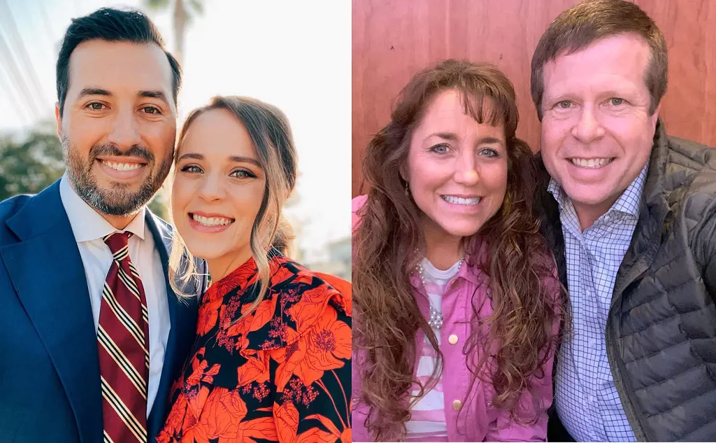 Jinger and her husband Jeremy (left) and her parents Michelle and Jim Duggar (right)
