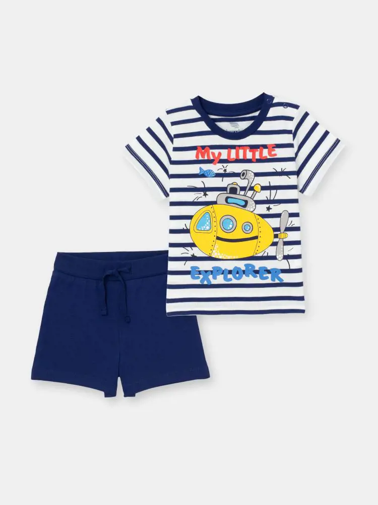 Striped t-shirt styled with dark blue colored shorts