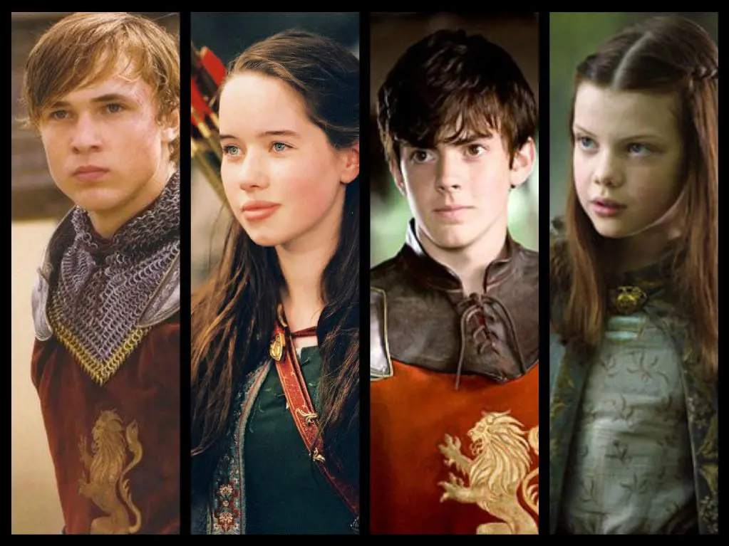 Pevensie siblings (L-R) Peter, Susan, Edmund, and Lucy seen wearing their respective Narnia costumes. 
