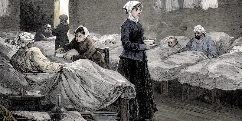 A portrait depicting Florence Nightingale attending to the patients 