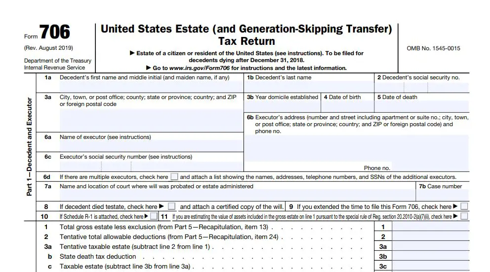 Sample of IRS Form 706 required to claim estate tax exclusion