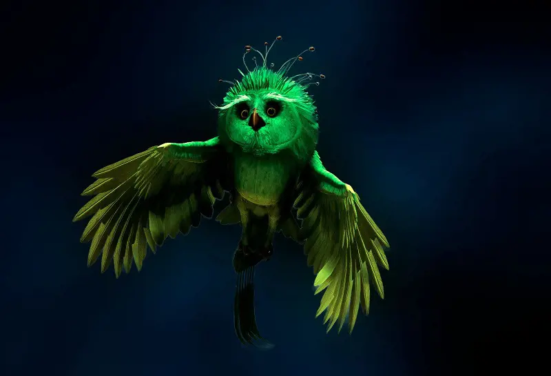 A  green and yellow Fwooper taking flight on a pitch black night in Hogwarts Legacy.