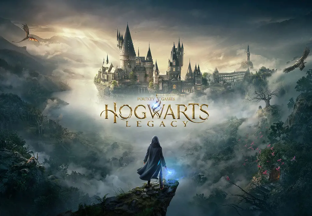 The poster of the popular video game Hogwarts Legacy with the character looking at the main campus of the wizardry school.