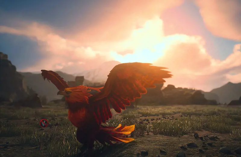 The majestic Phoenix from Hogwarts Legacy spreading its wings during sunset.