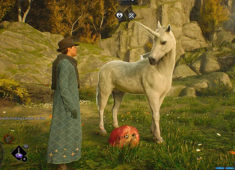 A player interacting with a white patterned Unicorn in Hogwarts Legacy.