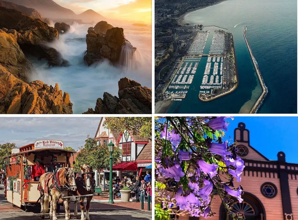 Top Left is Big Sur (Photo By: John R Fox), Top Right is Dana Point (Photo By: @belani_photo), Bottom Left is Solvang, Bottom Left is Old Town San Diego (Photo By: Angel Hernandez)
