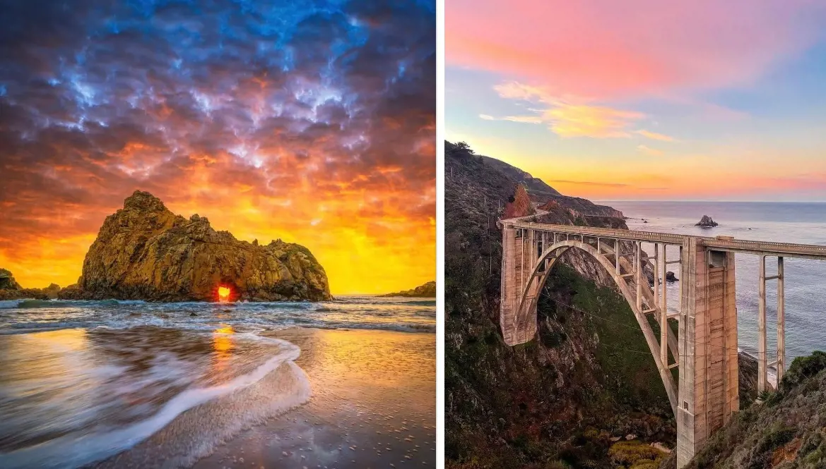 Epic Big Sur Sunset on the left (Photo By: Elliot McGucken). Big Sur is home to the infamous Bixby Bridge (Photo By: @deexplorerr).anielth
