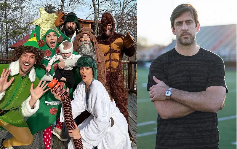 Aaron Rodgers (right) misses 2022 Christmas celebration with his family (left).