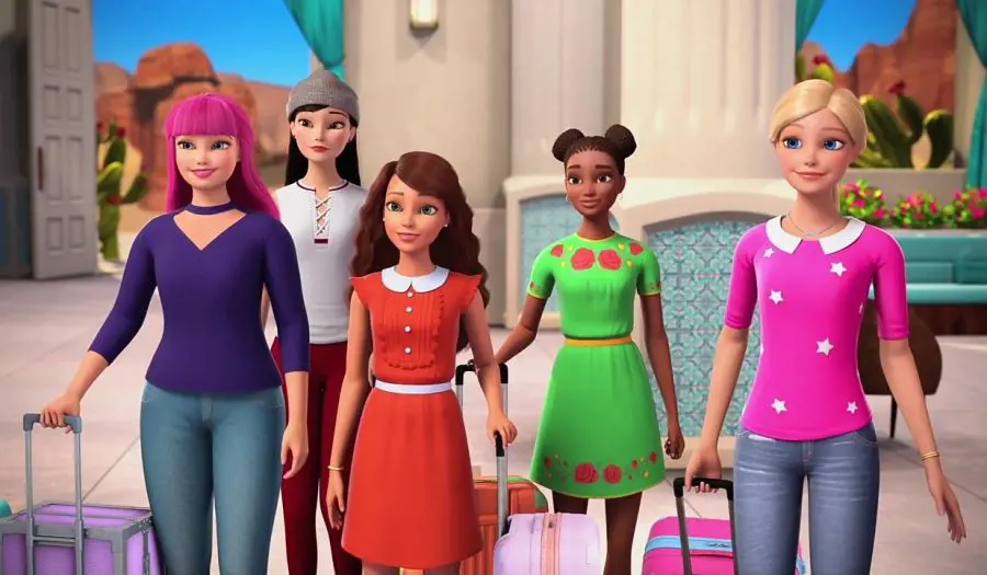 Still scene of Barbie and her friends Nikki, Daisy, Renne and Teresa from the movie Barbie Dreamhouse Adventures