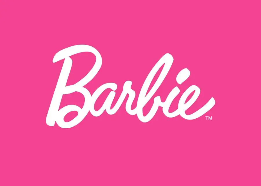 Barbie written on a pink background with a cursive font
