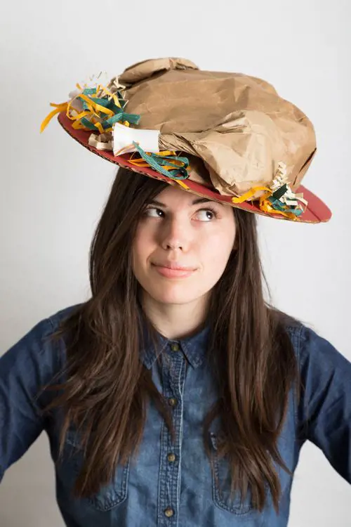 Woman attired in a DIY hat for Thanksgiving