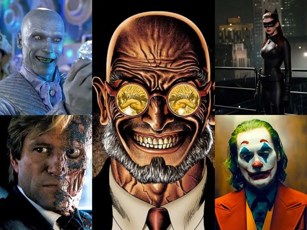 Supervillains (clockwise from top left) Mr. Freeze, Hugo Strange, Catwoman, Joker, and Two-Face, from the Batman movie series and franchise. 