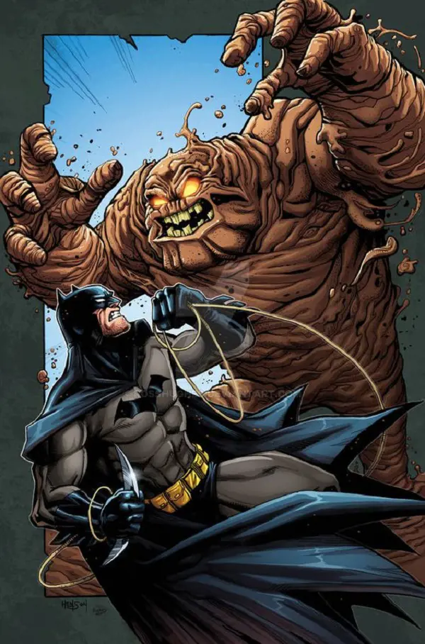 A cartoon drawing showing Batman and Clayface fighting. 