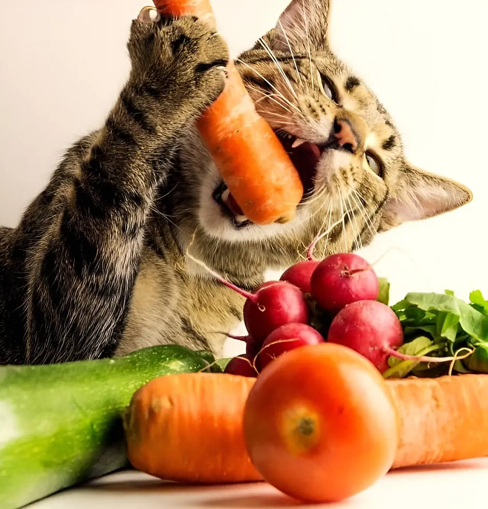It is interesting to see a cat eating a carrot and surrounded by other veggies