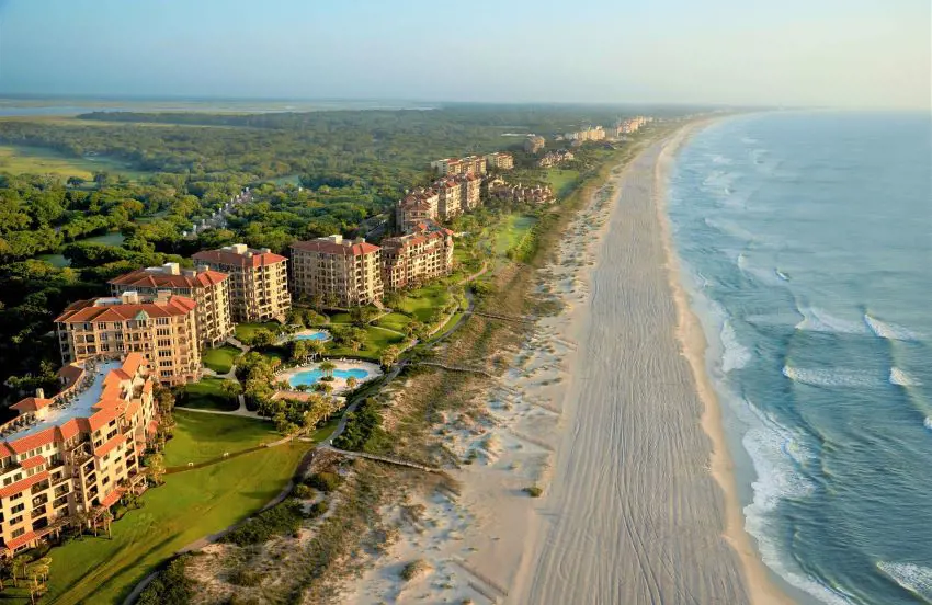 Aerial view of the Amelia Island coastline and nearby hotels