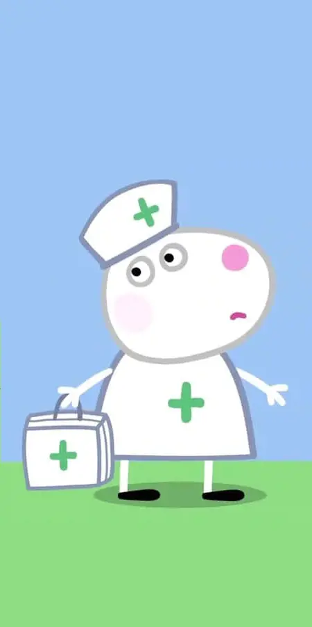 Suzy Sheep dressed in a Nurse costume carries a first-aid bag.