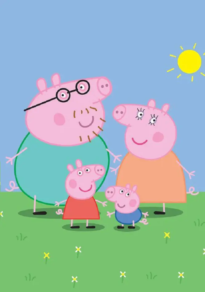 Peppa Pig stands with Daddy Pig, Mummy Pig, and George under a sunny sky. 