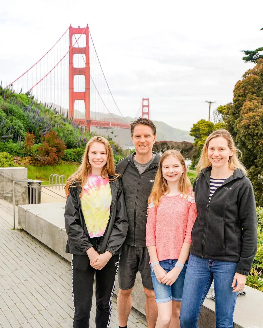 Travel Blogger family Stuffed Suitcase pose in front of the iconic Golden Gate Bridge in San Francisco Bay on October 3, 2019. 