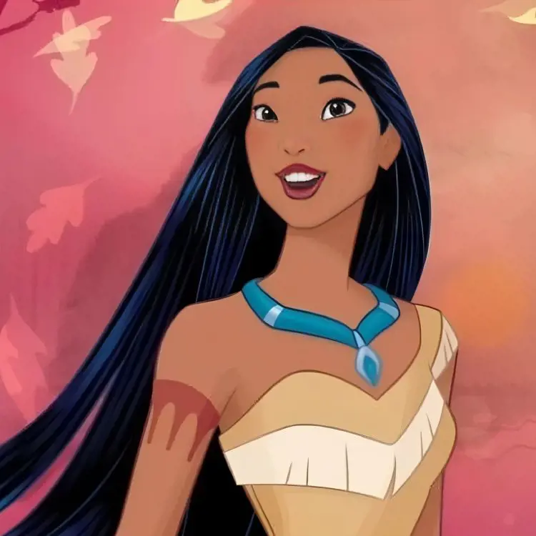 Pocahontas attired in her native dress as she flaunts her long dark hair