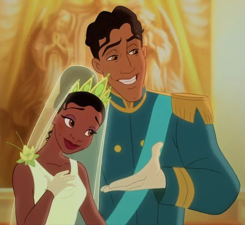 Tiana and Naveen embrace each other on their wedding day