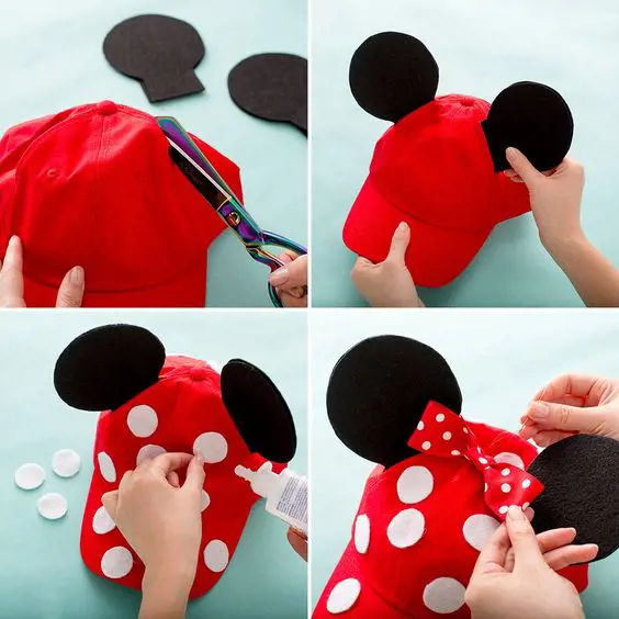4 pictures showing step by step process of making Minnie Mouse Baseball Caps with plain red caps and some other supplies